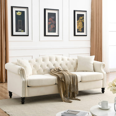 79" Chesterfield Sofa Beige Velvet for Living Room, 3 Seater Sofa Tufted Couch with Rolled Arms and Nailhead for Living Room, Bedroom, Office, Apartment, two pillowsMUTUKISPACE