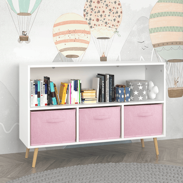 Kids bookcase with Collapsible Fabric Drawers, Children's Book Display, Toy Storage Cabinet Organizer, White/PinkMUTUKISPACE