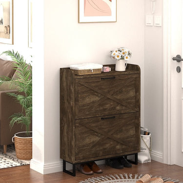 Shoe Storage Cabinet with 2 Flip Drawers, Freestanding Organizer with Metal Legs for Entryway, Narrow Shoe Rack Cabinet, Rustic BrownMUTUKISPACE