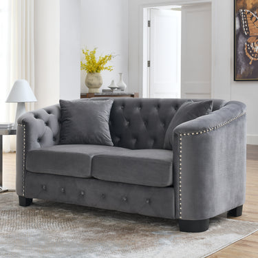 59 - Inch Modern Chesterfield Velvet Sofa, 2 - Seater Sofa, Upholstered Tufted Backrests with Nailhead Arms and 2 Cushions for Living Room, Bedroom, Apartment, Office (Grey)MUTUKISPACE