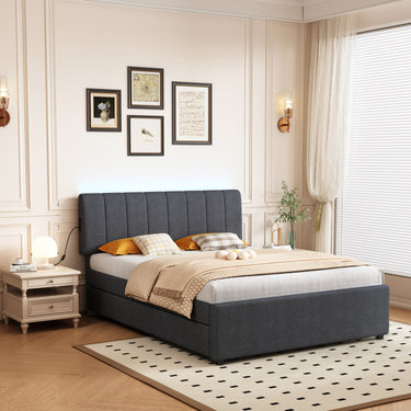 Full Size Upholstered Platform Bed with Twin Size Trundle and 1 sets of USB , with Remote control Intelligence LED Lights with APP,Linen Fabric, Dark GreyMUTUKISPACE