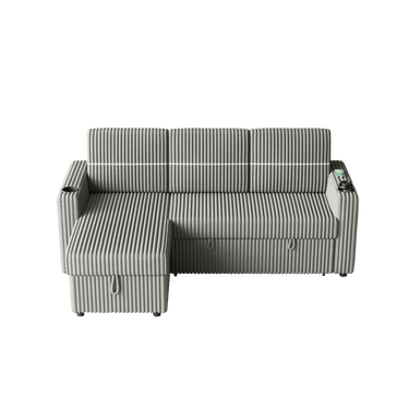 85 Inches Corduroy Sofa Bed, 3 Seater Sleeper Sofa with Storage Chaise, Square Handrail With Two Cup - holder And USB Charge Port, Pull Out Couch for Living RoomMUTUKISPACE