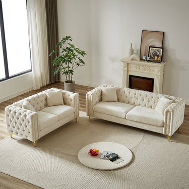 Chenille Pull Buckle Design Sofa for Living Room,Buttons Tufted With Copper Nail Decoration Armrest, Modern Couch Upholstered Button And Metal LegsMUTUKISPACE
