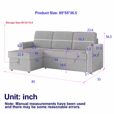 85 Inches Corduroy Sofa Bed, 3 Seater Sleeper Sofa with Storage Chaise, Square Handrail With Two Cup - holder And USB Charge Port, Pull Out Couch for Living RoomMUTUKISPACE