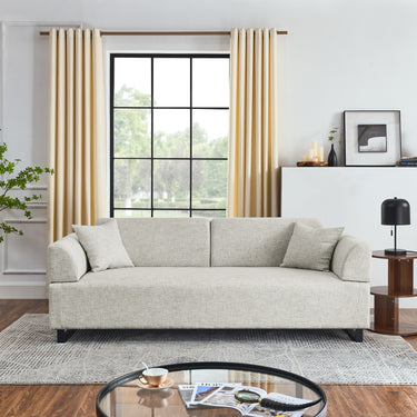 Linen Fabric 3 Seat Sofa with Two End Tables and Two Pillows, Removable Back and Armrest, Morden Style Upholstered 3 - Seat Couch for Living RoomMUTUKISPACE
