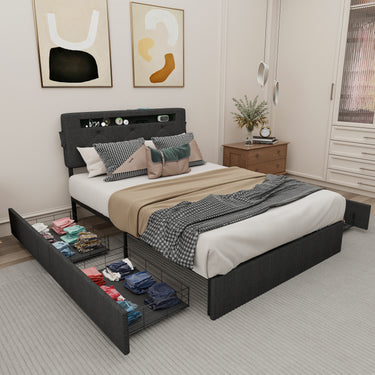 Queen Bed Frame with USB Charging Station & LED Lights, Queen Bed Frame with Headboard & 4 Storage Drawers, DMUTUKISPACE