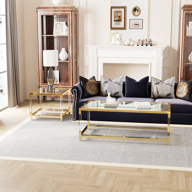 Modern minimalist living room furniture set, stylish transparent acrylic leg coffee table, square edge table, tempered glass face tea table combination gold end tableMUTUKISPACE