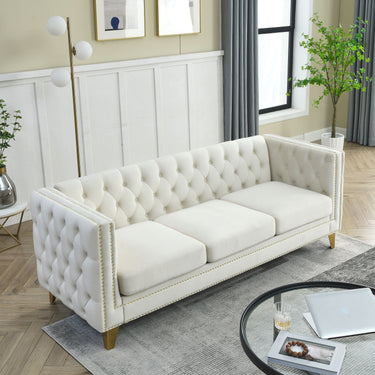 Velvet Sofa for Living Room,Buttons Tufted Square Arm Couch, Modern Couch Upholstered Button and Metal Legs, Sofa Couch for Bedroom, Beige Velvet(W834S00023)MUTUKISPACE