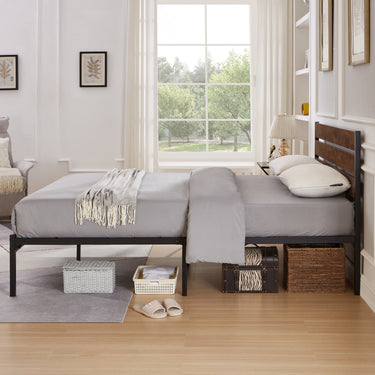 Queen Size Bed Frame with Wood Headboard, Metal Frame with Strong Slats, Noise Free,No Box Spring Needed - BrownMUTUKISPACE