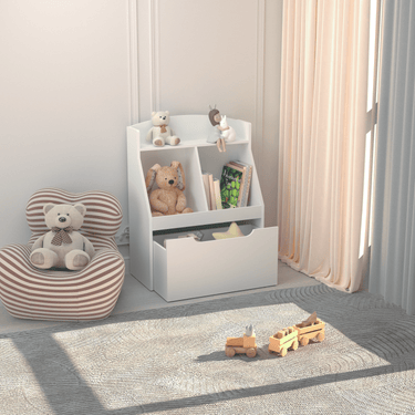 Kids Bookshelf with Drawer and Wheels, Children's Book Display, Wooden Bookcase, Toy Storage Cabinet Organizer, WhiteMUTUKISPACE