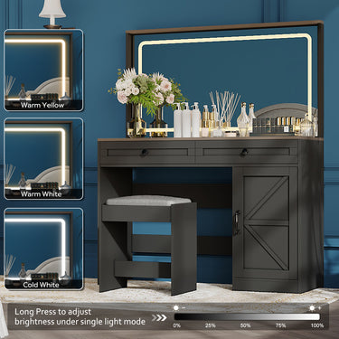 43.3"Makeup Vanity Table, Makeup Table with Large Mirror and LED Light Strip, Brightness Adjustable, Dressing Table Desk with 3 Drawers, Vanity Desk for Women(Black with Stool)MUTUKISPACE