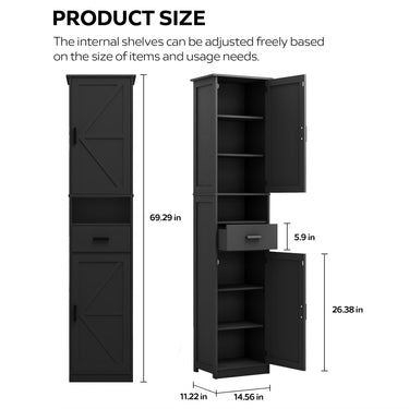 69" H Tall Bathroom Storage Cabinet with 2 Barn Doors and 1 Drawer, Narrow Storage Unit, Adjustable Shelves,Floor Cabinet for Bathroom, Living Room, Entryway,Kitchen,(Black)MUTUKISPACE