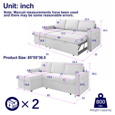 85 Inches Sofa Bed, 3 Seater Sleeper Sofa with Storage Chaise, Square Handrail With Pull and Copper nail,Chenille - Light Grey, Pull Out Couch for Living RoomMUTUKISPACE