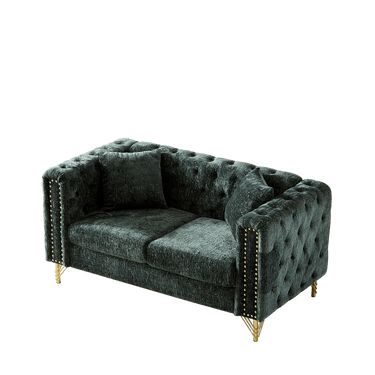 60 - Inch Chenille Pull Buckle Design Sofa for Living Room,Buttons Tufted With Copper Nail Decoration Armrest, Modern Couch Upholstered Button And Metal LegsMUTUKISPACE