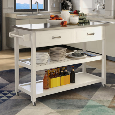Stainless Steel Table Top White Kicthen Cart With Two DrawersMUTUKISPACE