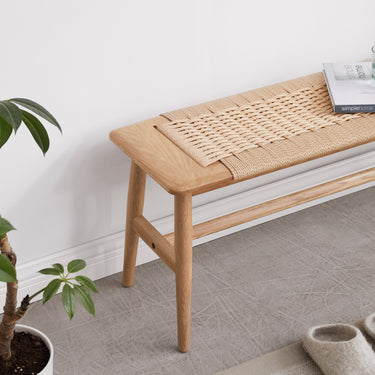 Woven Design Natural Oak Wood Dining Bench Bed Bench for Dining Room, Bedroom, BathroomMUTUKISPACE