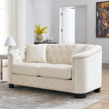 59 - Inch Modern Chesterfield Velvet Sofa, 2 - Seater Sofa, Upholstered Tufted Backrests with Nailhead Arms and 2 Cushions for Living Room, Bedroom, Apartment, Office (Beige)MUTUKISPACE