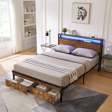 Queen Size Metal Platform Bed Frame with Wooden Headboard and Footboard with USB,Charging Station,2 Drawers,LED Lights, No Box Spring Needed, Easy AssembleMUTUKISPACE