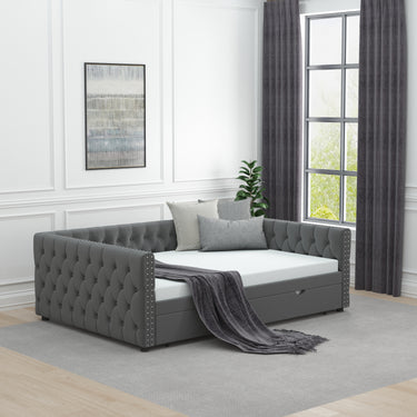 Daybed with Trundle Velvet Upholstered Tufted Sofa Bed, with Button and Copper Nail onSquare Arms,Full Daybed & Twin Trundle - For Bedroom, Living Room, Guest Room,(83"x57"x26")MUTUKISPACE