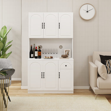 71" Kitchen Pantry Storage Cabinet with Microwave Oven Countertop, Freestanding Hutch Cabinet with Adjustable Shelves, 6 Doors and 1 Drawer - WhiteMUTUKISPACE