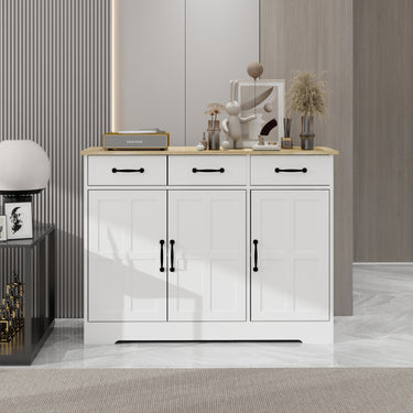 Farmhouse Buffet Cabinet Storage Sideboard with 3 Drawers and 3 Doors for Dining Living Room Kitchen Cupboard - WhiteMUTUKISPACE