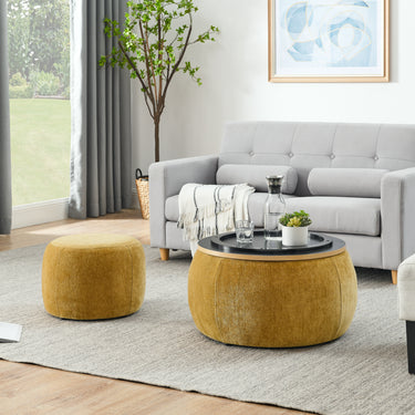 Round Storage Ottoman, 2 in 1 Function, Work as End table and Ottoman,with small seat,Dark yellow(25"x25"x14.7") owMUTUKISPACE