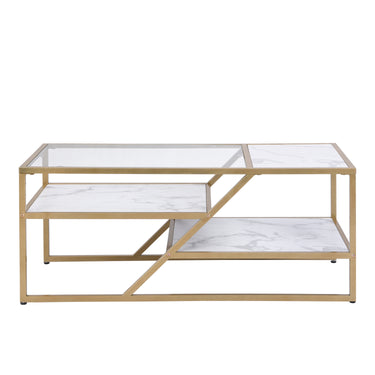 Golden Coffee Table with Storage Shelf, Tempered Glass Coffee Table with Metal Frame for Living Room&BedroomMUTUKISPACE