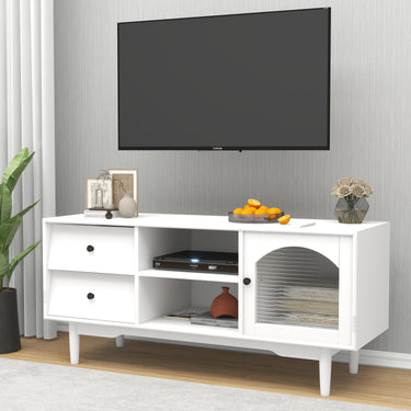 Living Room White TV Stand with Drawers and Open Shelves, A Cabinet with Glass Doors for StorageMUTUKISPACE