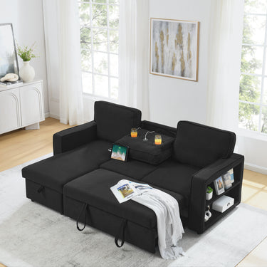 Linen Upholstered Sleeper Sectional Sofa, Shaped Modular Convertible Sofa with Storage Chaise,There are two cup holders in the middle and USB multi - interface function,Pull Out Sleep Couch Bed ,BlackMUTUKISPACE