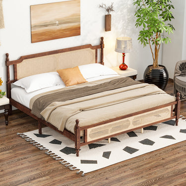 King Pine Wood Bed Frame with Rattan Headboard & Footboard and Reinforced Platform BaseMUTUKISPACE