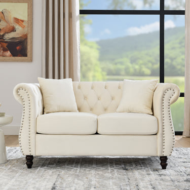 58.8" Chesterfield Sofa Beige Velvet for Living Room, 2 Seater Sofa Tufted Couch with Rolled Arms and Nailhead for Living Room, Bedroom, Office, Apartment, two pillowsW834S00070MUTUKISPACE