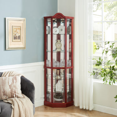 Cherry Lighted Corner Glass Display Cabinet, Curio and Wine Cabinet with Adjustable Glass Shelves and Carved Details, Bulb IncludedMUTUKISPACE