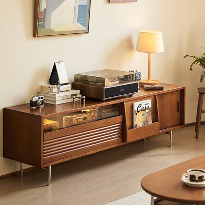 Vintage Solid Wood Sliding Door TV Stand High - Legged Living Room Furniture mu - njdsg - chestMUTUKISPACE