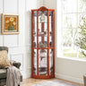 Oak Lighted Corner Glass Display Cabinet, Curio and Wine Cabinet with Adjustable Glass Shelves and Carved Detailing, Light IncludedMUTUKISPACE