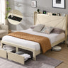 Full Size Bed Frame with 2 Storage Drawers, Upholstered Bed Frame with Wingback Headboard Storage Shelf Built - in USB Charging Stations and Strong Wood Slats Support, No Box Spring Needed, BeigeMUTUKISPACE