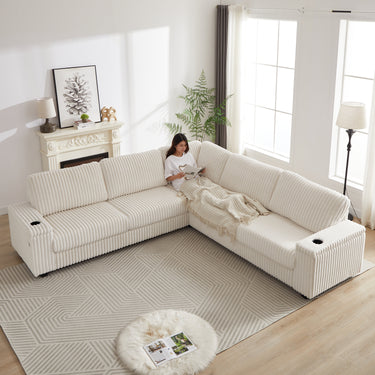 110 - Inch Oversized Corduroy Corner Sofa,L Shaped Corner Couch with two storage spaces,USB port & T - pyce port and Cup - holder , Deep Seat Comfy Upholstered Couches for Living Room(Not freely combinable)MUTUKISPACE