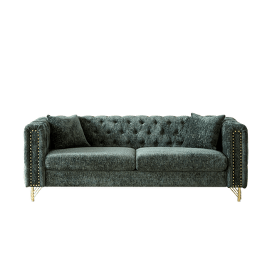 82 - Inch Chenille Pull Buckle Design Sofa for Living Room,Buttons Tufted With Copper Nail Decoration Armrest, Modern Couch Upholstered Button And Metal LegsMUTUKISPACE
