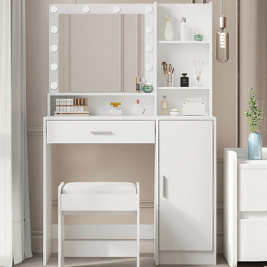 Vanity Desk with Mirror & Light, Large Drawer Three Level Storage Dresser, 3 Lighting Modes Adjustable Brightness, Bedroom Dressing Table (White with Stool)MUTUKISPACE