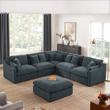 6 - Seats Modular L - Shaped Sectional Sofa with Ottoman,10 Pillows, Oversized Upholstered Couch w/Removabled Down - Filled Seat Cushion for Living Room, Chenille GreyMUTUKISPACE