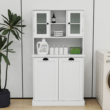 Two - Compartment Tilt - Out Dirty Laundry Basket Tall Bathroom Cabinet with 2 Adjustable Shelves - WhiteMUTUKISPACE