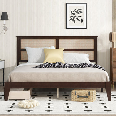 King Rubber Wood Bed Frame with Rattan Headboard, 2 Storage Drawers & Reinforced Platform Base in Espresso FinishMUTUKISPACE