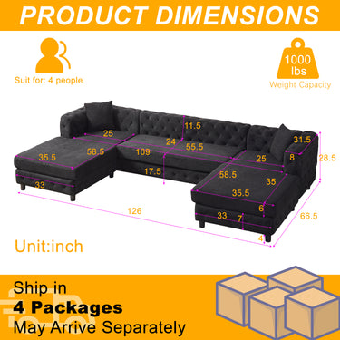 126 - inch Modern Style Chenille Three Piece Sofa, Pull Point Design U - shaped Sofa two Chaise Longue Seats, two Pillows and Plastic Feet, Suitable for Living room, Bedroom, Lounge and Projection RoomMUTUKISPACE
