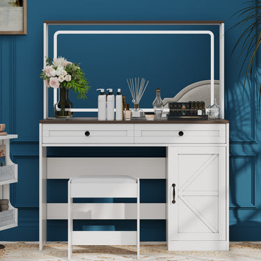 43.3"Makeup Vanity Table, Makeup Table with Large Mirror and LED Light Strip, Brightness Adjustable, Dressing Table Desk with 3 Drawers, Vanity Desk for Women(White with Stool)MUTUKISPACE