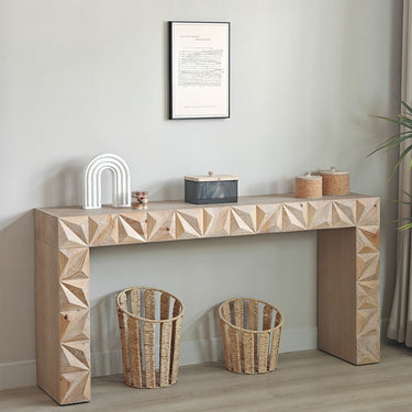 Modern Geometric Wooden Console Table – Natural Wood Finish with Handcrafted 3D DesignMUTUKISPACE
