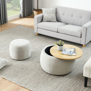Round Storage Ottoman, 2 in 1 Function, Work as End table and Ottoman,with small seat,Light grey(25"x25"x14.7")MUTUKISPACE