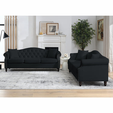 79" Chesterfield Sofa Black Velvet for Living Room, 3 Seater Sofa Tufted Couch with Rolled Arms and Nailhead for Living Room, Bedroom, Office, Apartment, 3S+3SMUTUKISPACE