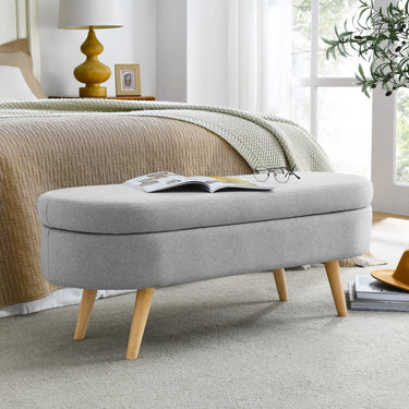 Ottoman Oval Storage Bench, Rubber Wood Legs, Grey(43.5"x16"x16")MUTUKISPACE