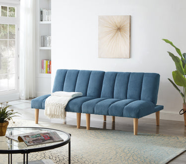 Corduroy fabric, wooden legs convertible sofa bed (Color:Blue)MUTUKISPACE