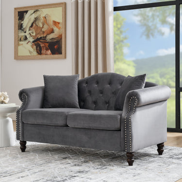 57" Chesterfield Sofa Grey Velvet for Living Room, 2 Seater Sofa Tufted Couch with Rolled Arms and Nailhead for Living Room, Bedroom, Office, Apartment, two pillowsW834S00073MUTUKISPACE