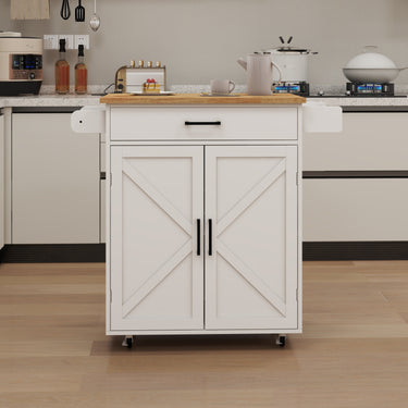 Kitchen island rolling trolley cart with Adjustable Shelves & towel rack & seasoning rack rubber wood table top - WhiteMUTUKISPACE